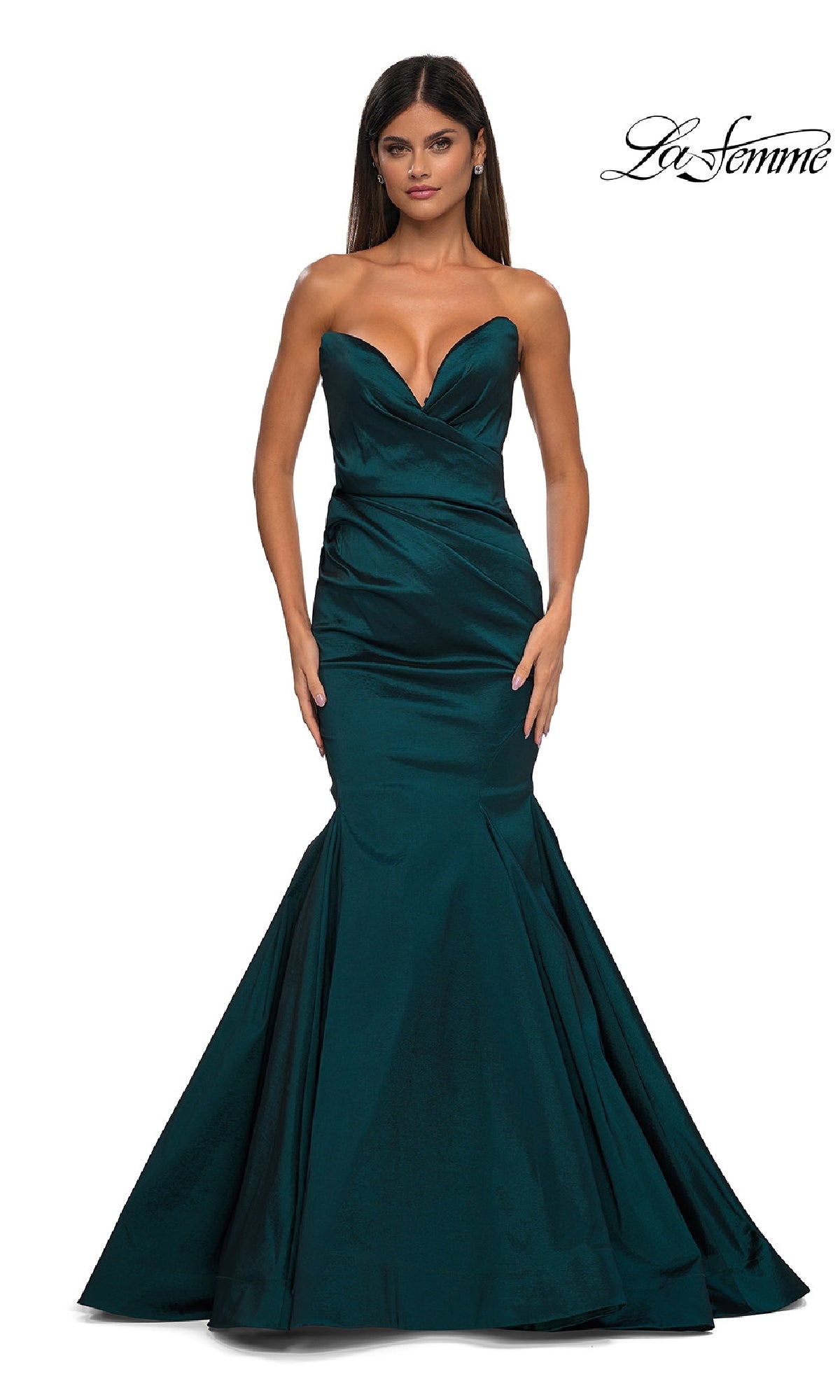 A woman models the La Femme 32791 strapless long mermaid prom dress in dark teal Mikado with a sweetheart neckline against a plain white background. The La Femme logo is visible in the top right corner.